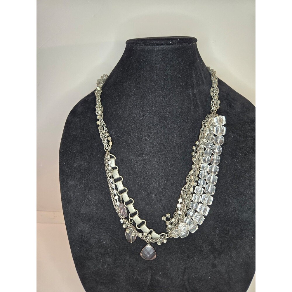 American Eagle Necklace Dark Silver Tone Layered Clear Beads Chains